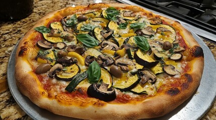 A rustic Italian-style vegetable pizza, topped with zucchini, eggplant, mushrooms, and olives, with a drizzle of olive oil and fresh basil for garnish