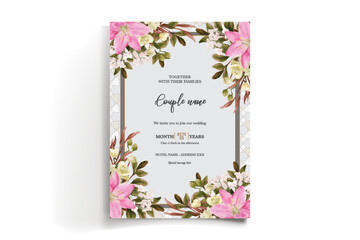 WEDDING INVITATION FRAME WITH FLOWER DECORATIONS AND FRESH LEAVES