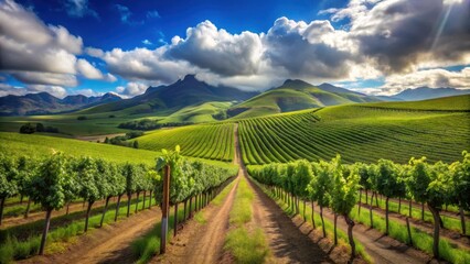 Fototapeta premium Rolling hills with rows of lush green vines and grapevines stretching towards the sky against a bright blue sky with clouds , wine farm, stellenbosch