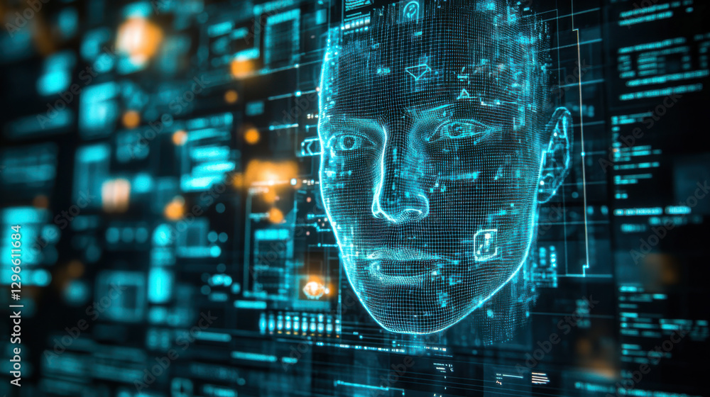 Canvas Prints futuristic digital interface with abstract human face and technology elements in blue light