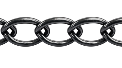 Black metal chain links connected in a linear arrangement isolated on transparent background, PNG
