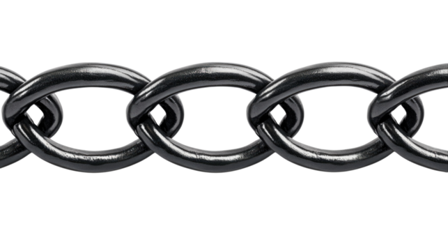 Black metal chain links connected in a linear arrangement isolated on transparent background, PNG - Powered by Adobe