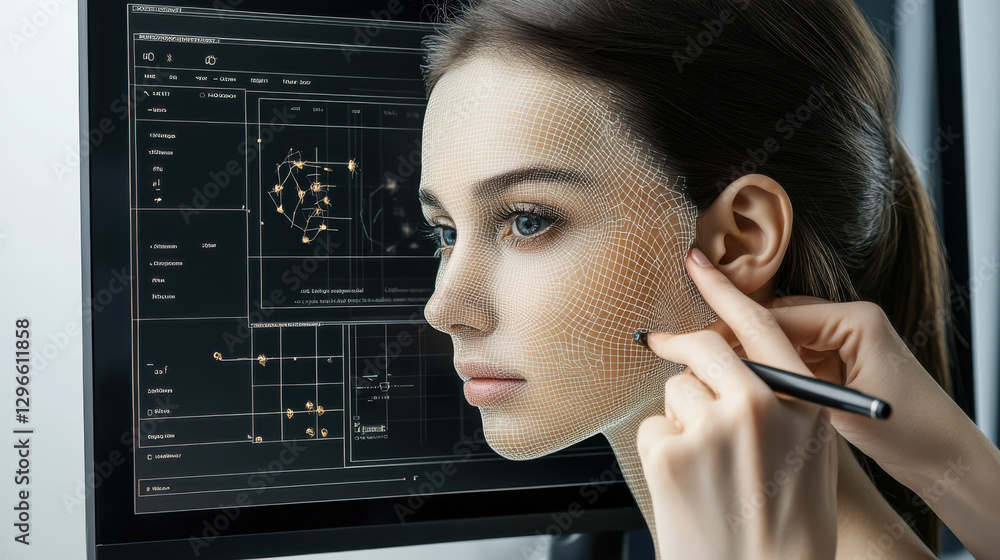 Poster digital design in facial modeling and animation concept with woman's face and technological graphics