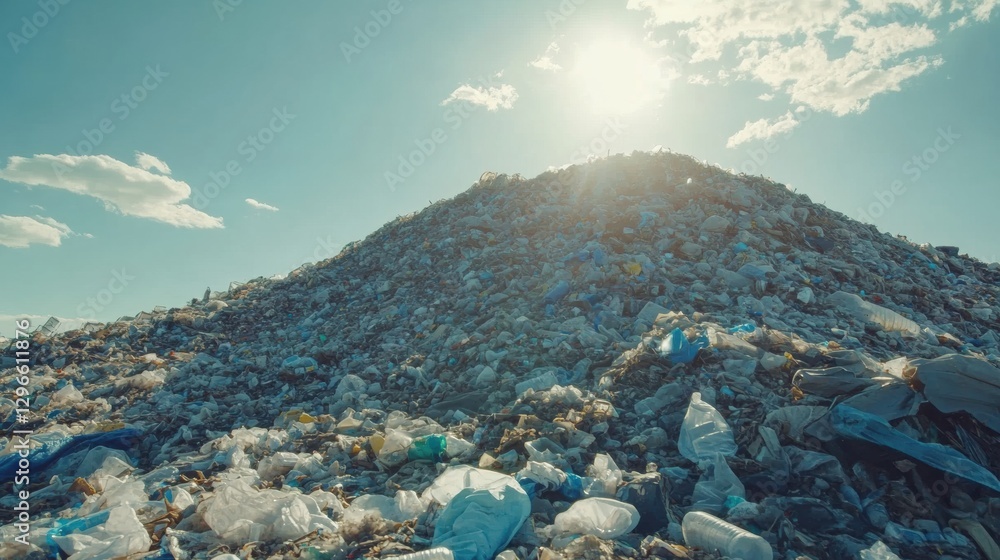Poster mountain of plastic waste rises at landfill under clear sky with space available for messages. gener