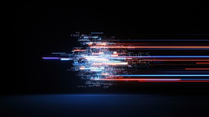 Abstract composition featuring blue and red lights against a black background creating vibrant contrast