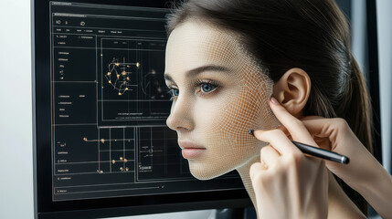 Digital design in facial modeling and animation concept with woman's face and technological graphics interface