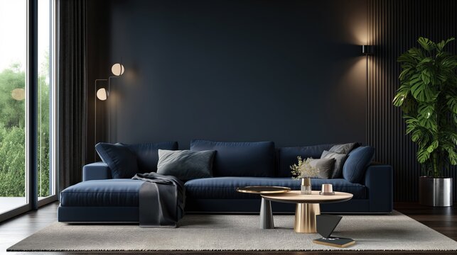 Maqueta interior de casa moderna con mesa de sof&aacute; azul oscuro.