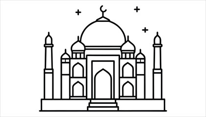 Islamic Mosque Outline Vector – Minimal Black and White Illustration of Muslim Architecture, Landmark, and Crescent Moon Design