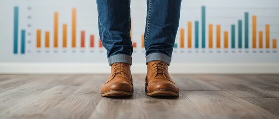 A person stands with brown shoes and rolled-up jeans in front of a colorful bar graph on a wall, suggesting a business or analytical context.
