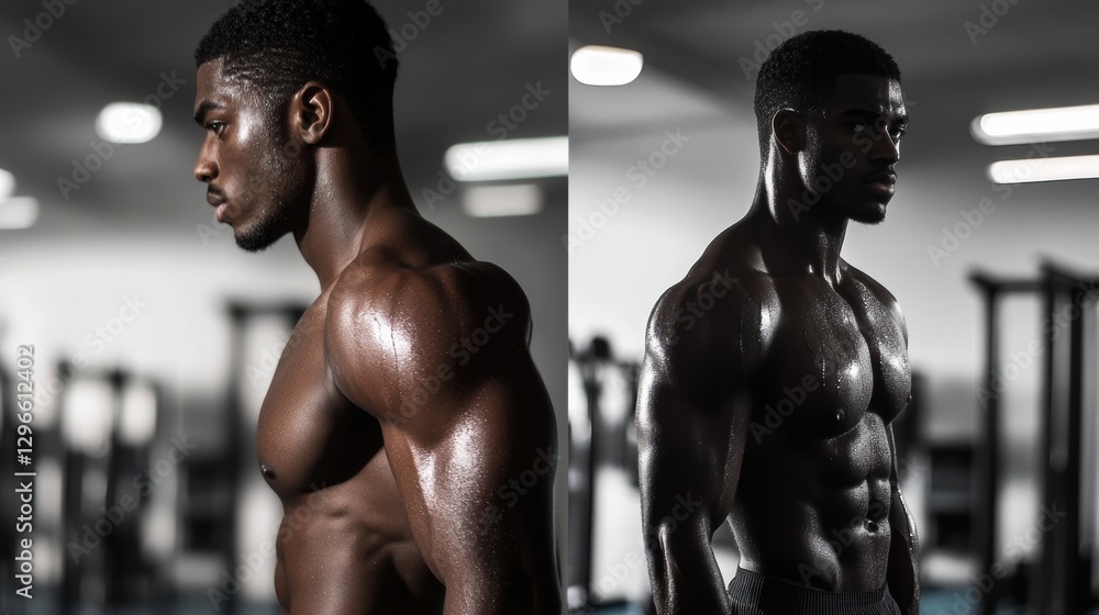 Poster muscular man exercises in gym focusing on strength training and building physique during afternoon w