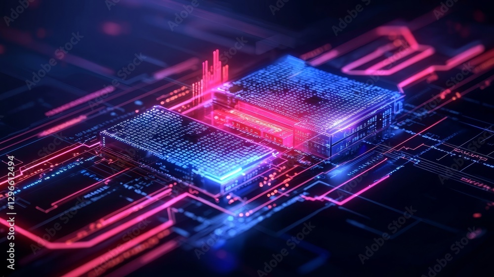 Aufkleber a digital representation of a circuit board with glowing blue and red elements, symbolizing advanced