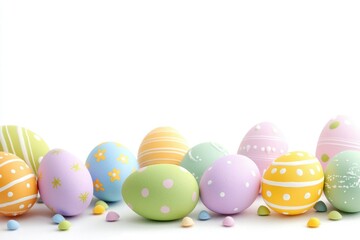 A collection of pastel-colored and speckled Easter eggs arranged along the bottom of a textured white background, perfect for spring celebrations.