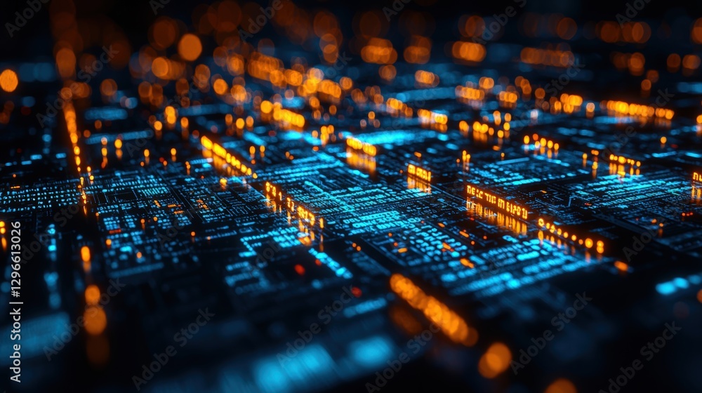 Poster intricate circuit board with complex patterns and connections illustrating modern technology