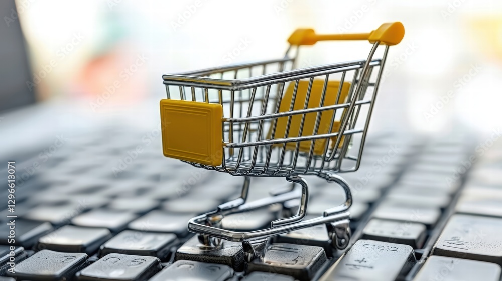 Poster an interesting shopping cart positioned on a computer keyboard representing online shopping concept