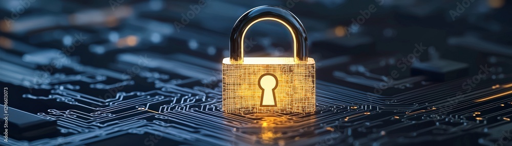 Poster a glowing padlock sits on a digital circuit board, symbolizing cybersecurity and data protection in 