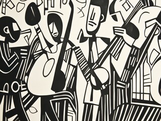 Jazz musicians. Funky musicians with saxophone, trumpet, drums and bass. Modern flat colors illustration.