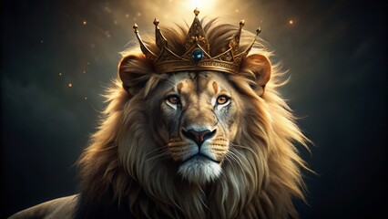 Fototapeta premium Majestic Lion in Golden Crown - Low Light Photography Stock Image