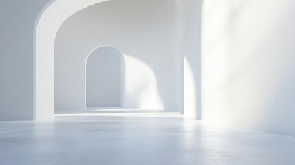 Empty white arch hallway, bright sunlight, modern interior, architectural design, photorealistic, for commercial use