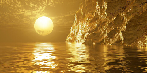 Golden fantastic landscape background. Luxury gold risch style wallpaper. Digital artistic artwork raster bitmap illustration. Graphic design art. AI artwork.