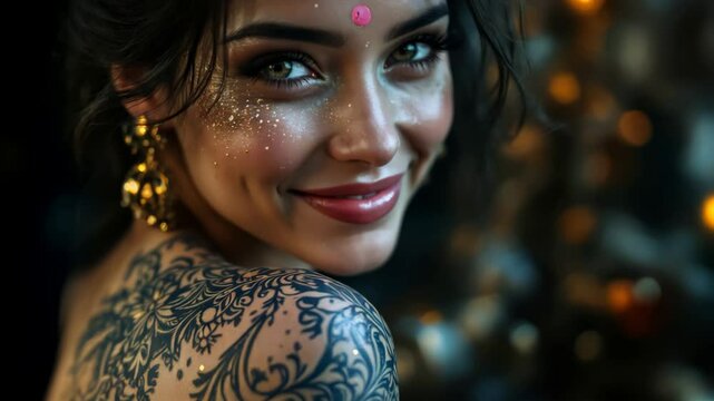 Close-up portrait of a young woman with glitter makeup, jewelry, and a tattoo. Captures beauty, mystery, and a hint of the mystical. Very close-up, eye-level shot, 4k 60 fps.