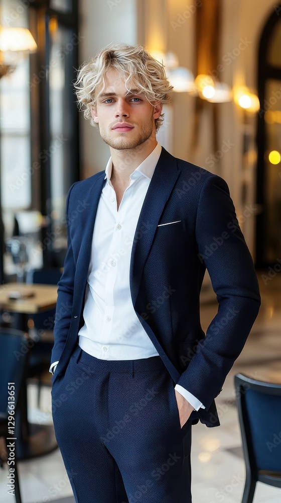 Poster a man in a suit and tie stands in front of a table with a chair