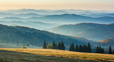 panorama of beautiful countryside of romania. sunny afternoon. wonderful springtime landscape in mountains. grassy field and rolling hills. rural scenery