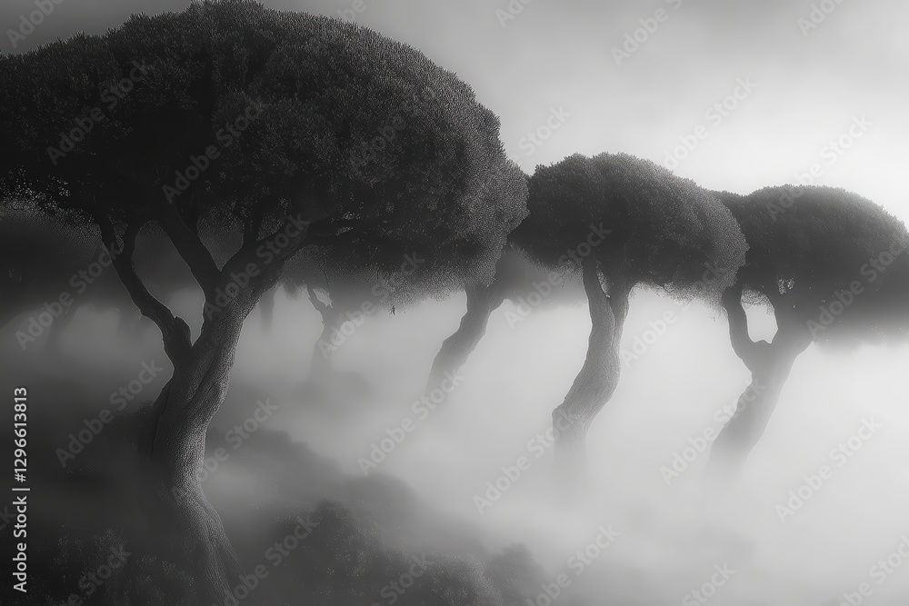 Poster mystical fog envelops ancient trees in a serene forest at dawn