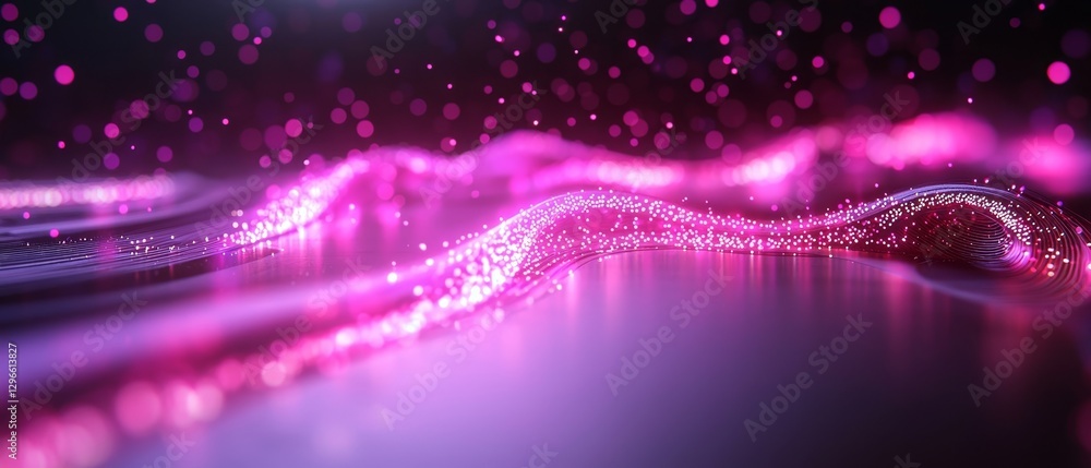 Poster a vibrant abstract background featuring flowing waves of pink lights and particles against a dark ba