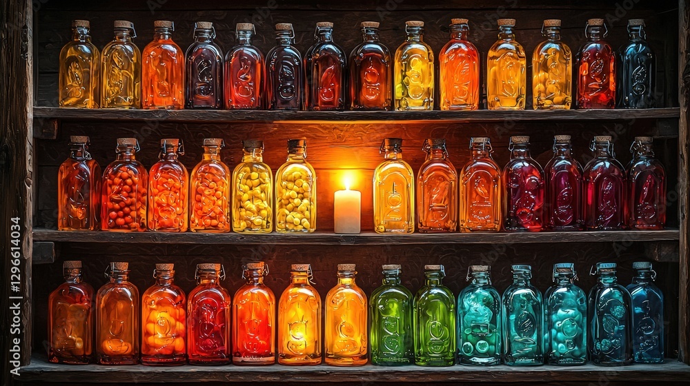 Poster assorted jars of various sizes and shapes neatly arranged on a shelf in a cozy kitchen space
