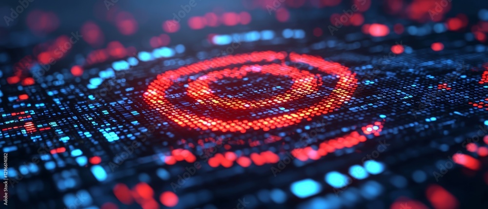 Poster a vibrant digital interface featuring a glowing red target symbol amidst a backdrop of blue and red 