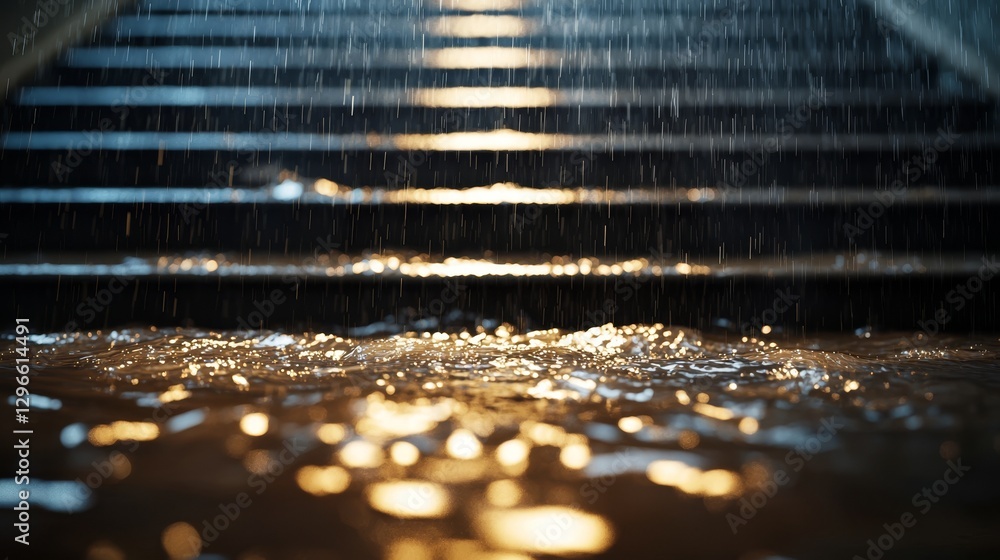 Poster a close-up view of rain cascading down illuminated steps, creating a reflective surface of water poo