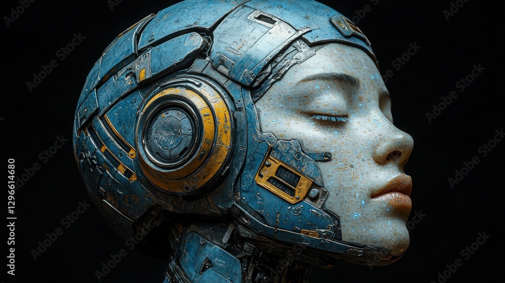 Poster futuristic robot head displaying intricate design features and soft glowing elements for effect