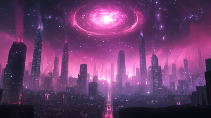 Futuristic cityscape at night with a glowing celestial portal above. Glowing Nebula Cityscape. Illustration