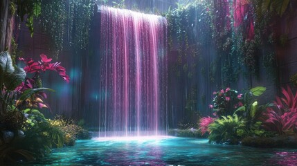 A breathtaking neon waterfall cascades down lush green cliffs in a mystical fantasy landscape.