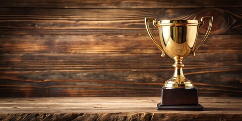 Champion Golden Trophy on Wooden Table , championship, prestigious,  championship, prestigious, award, trophy, table, victory