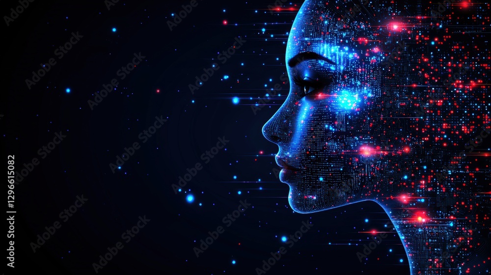 Aufkleber woman's face surrounded by futuristic circuit patterns in a technologically advanced environment