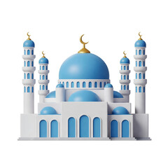 3D rendered mosque with blue domes and white minarets, in a front view.