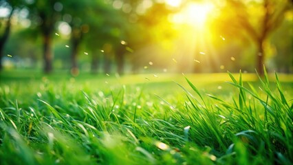 Lush green grass lawn with a few blades swaying gently in the breeze, emerald green