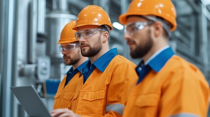 A high-resolution image of a diverse team of engineers collaborating in a cutting-edge research facility, analyzing manufacturing project data on a laptop, discussing innovative solutions, 