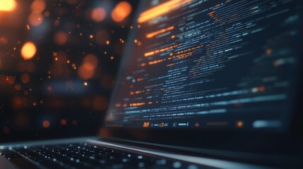 Close-up of laptop screen displaying lines of code, bokeh lights in background.
