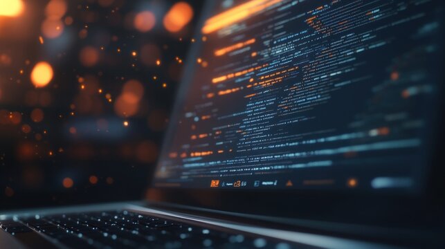 Close-up of laptop screen displaying lines of code, bokeh lights in background.