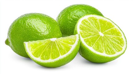 Bright Green Limes Sliced and Whole on White Background