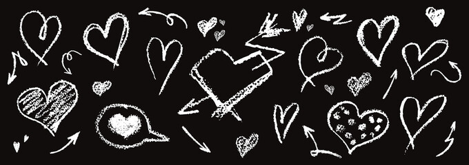 Set of white hearts signs drawn by wax pencil. Love symbols in doodle style. Collection of hand drawn kid hearts elements for valentine card or rock, hip hop music poster design. Vector illustration
