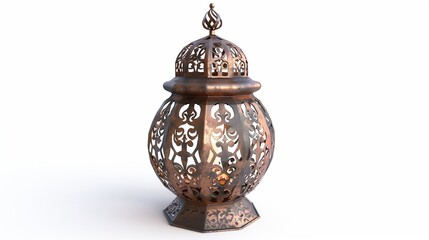 A decorative metal lantern with intricate cut-out patterns, housing a flickering LED candle, isolated on a clean white background.