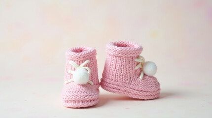 Pink knitted booties with pompoms on a pastel background with spots
