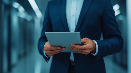 A cinematic wide-angle shot of business professionals strategizing in a sleek office, analyzing data on a laptop and tablet, dynamic composition, corporate environment, natural lighting, ultra-HD 