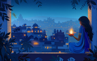 Diwali Celebration &ndash; Woman Holding Diya Lamp on Festive Night