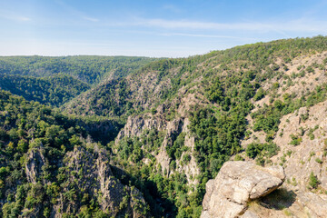 The 403-metre-high granite crag Rosstrappe in the Harz Mountains in Germany is a popular viewpoint and can be reached by foot or chair lift. It offers views of the Witch Dance Square and Bode Valley.