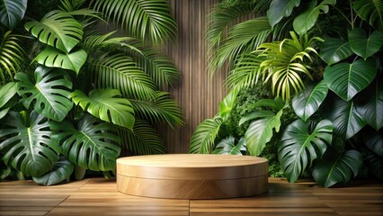 Fototapeta premium Natural podium display with lush tropical leaves background, wooden texture and greenery , foliage, outdoor, foliage, outdoor
