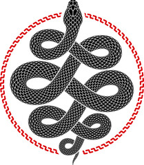 Vector illustration of a snake that wriggles and fills a circle shape. Isolated tattoo design of black serpent silhouette of round form.